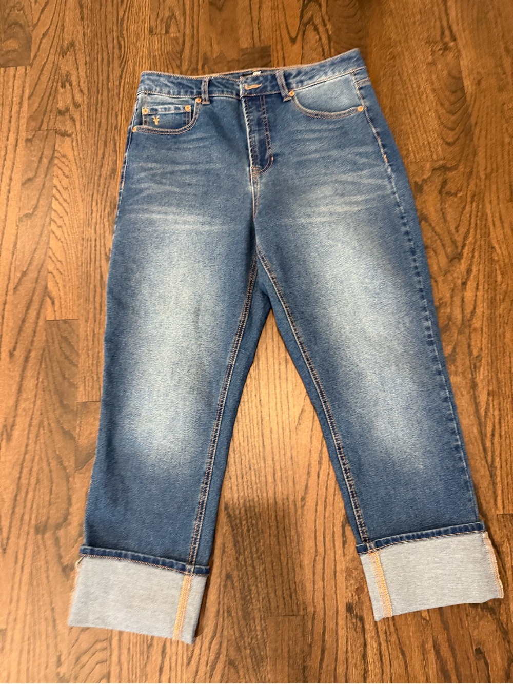 Frye Cropped Cuffed Jeans in Mid Blue
